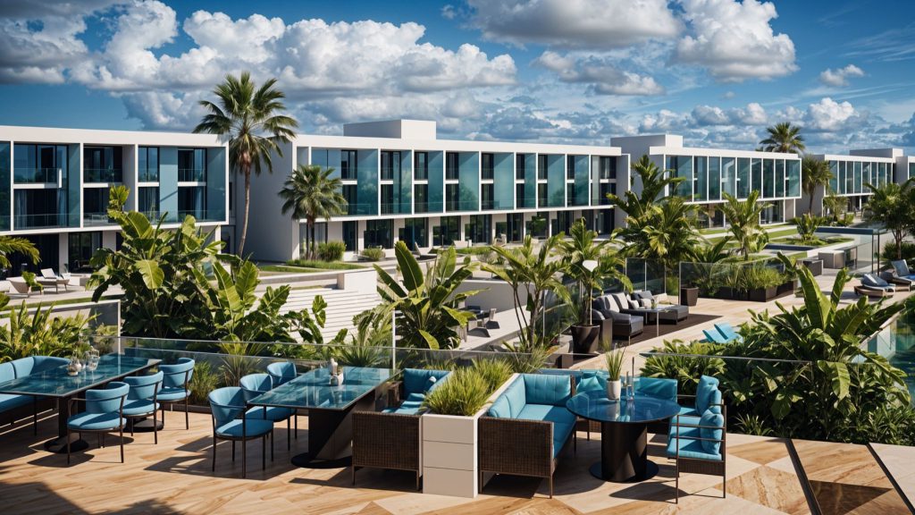 Courtyard Platinum rendering of an outdoor lounge terrace beside the buildings