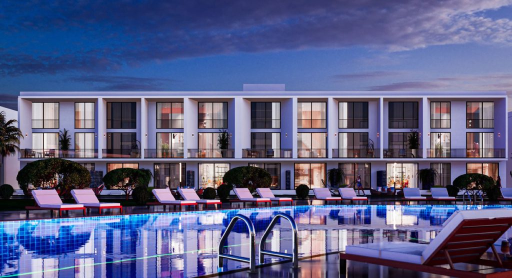 Courtyard Platinum rendering of the pool-side facade at dusk