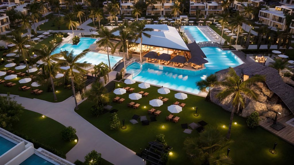 Courtyard Platinum aerial rendering of the pool complex at night