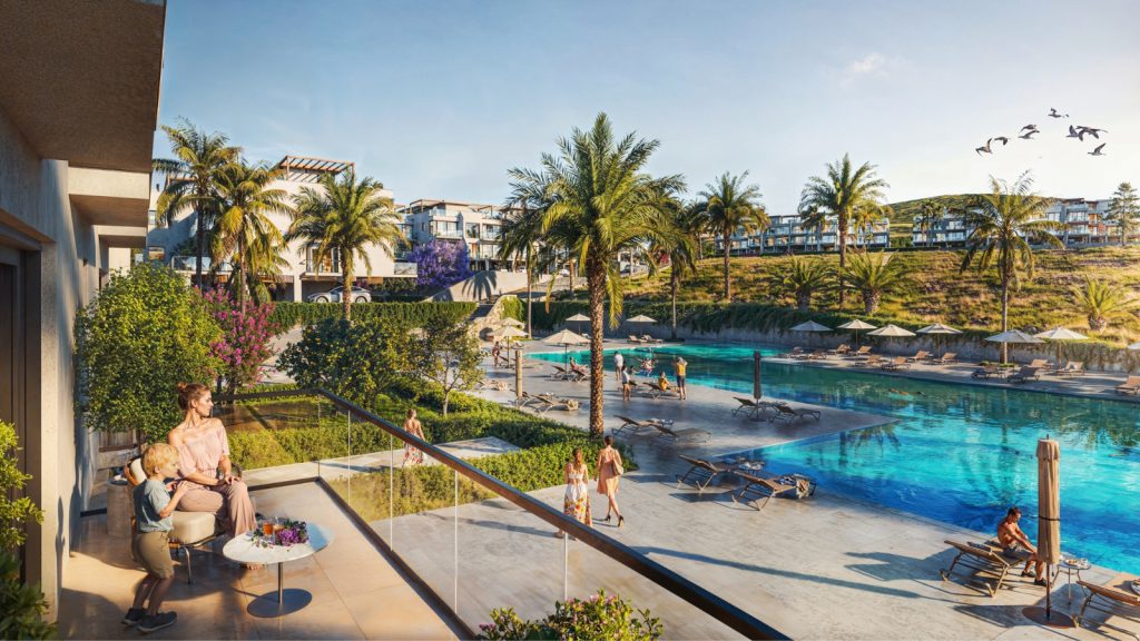 Atlantis Pearl Tatlisu render: balcony view over the pool to the apartment blocks