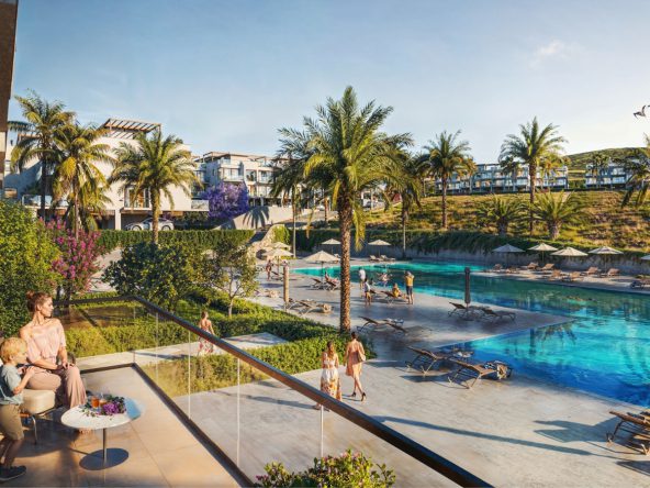 Render: balcony view over the communal pool towards the low-rise apartment blocks