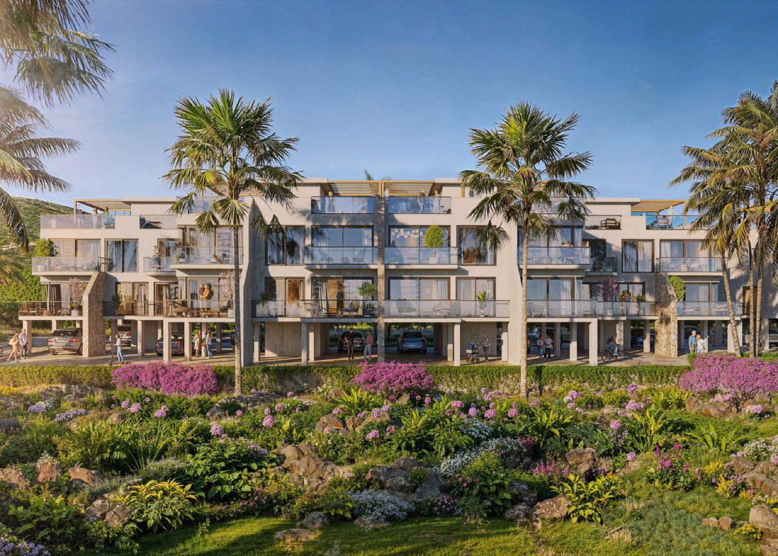Render of a three-storey apartment block with planted gardens in front