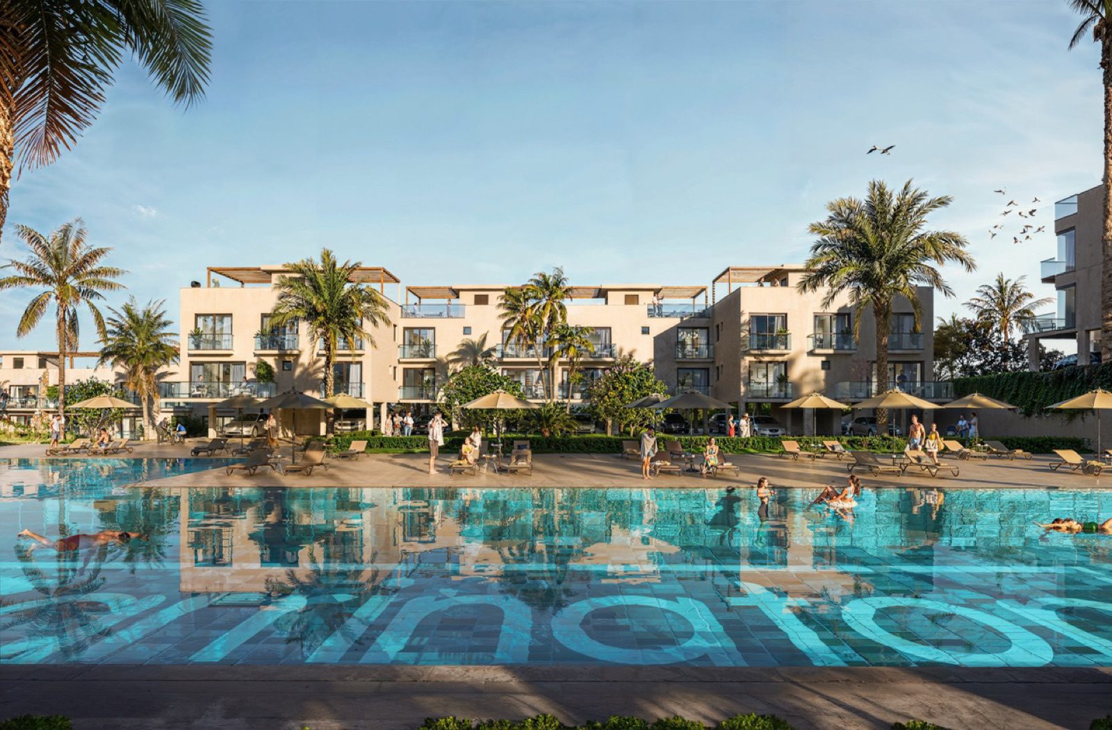 Render: apartment blocks behind a swimming pool with sunbeds and palms
