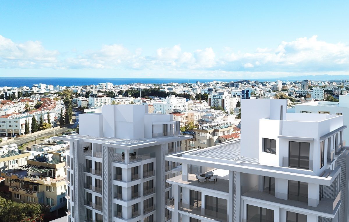 Rendering of the two blocks from above with the Kyrenia skyline and sea behind