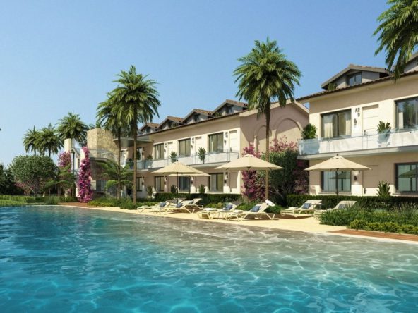 Render: swimming pool in front of two-storey terraced apartments with palms