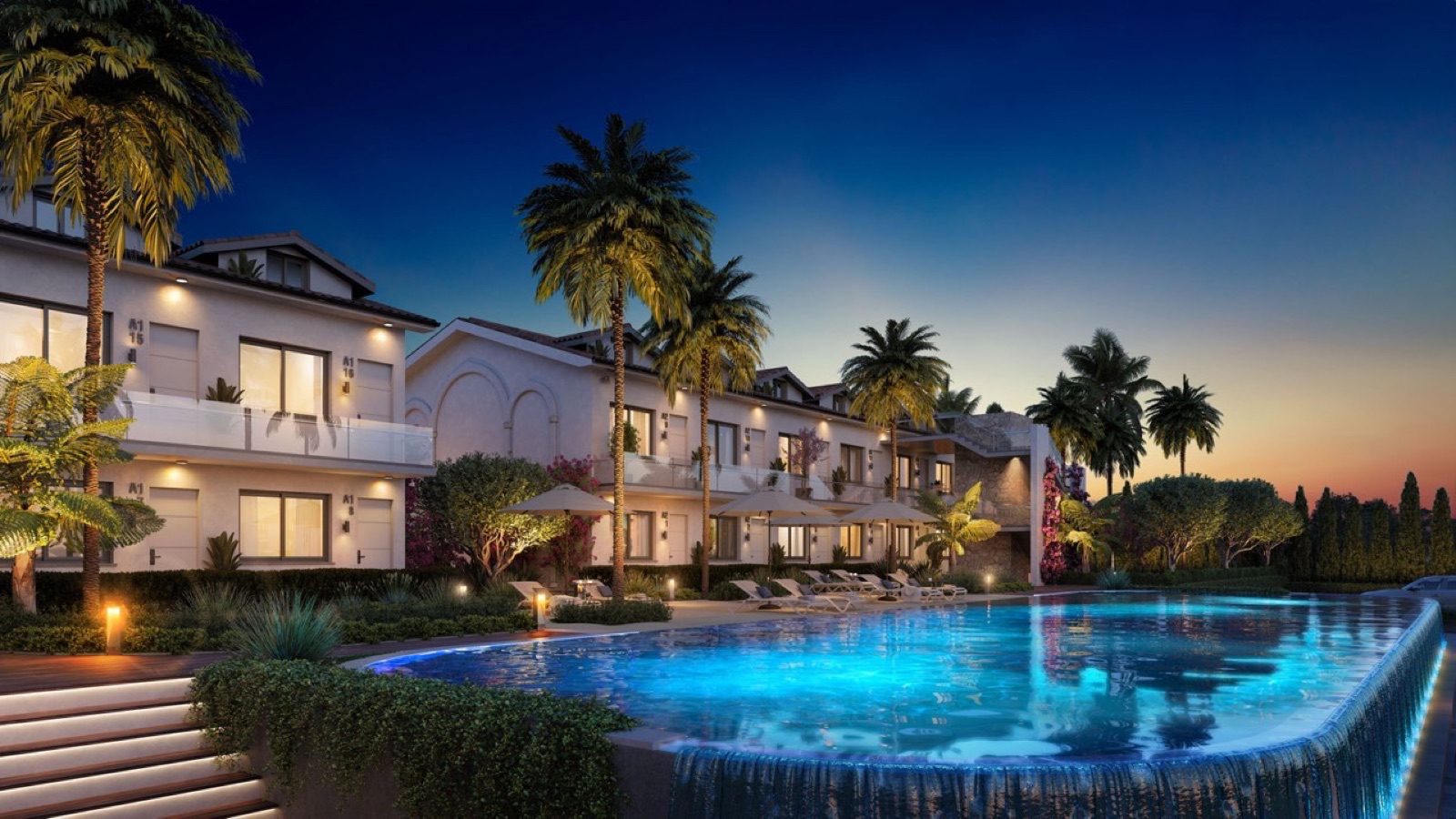 Render: evening view of the pool and apartment terraces