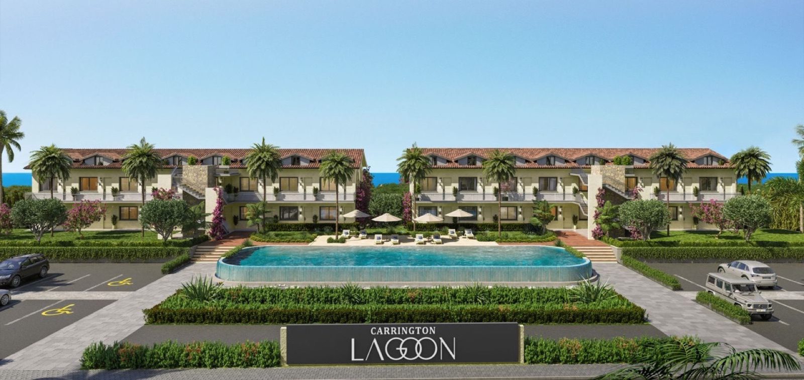 Render: front elevation of the apartment blocks with the pool and a Lagoon sign