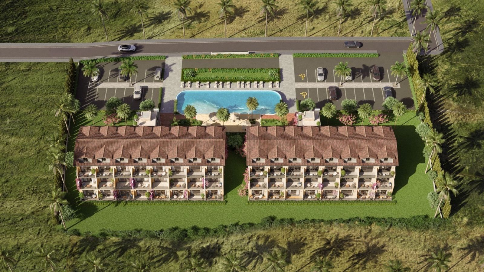 Render: top-down view of two apartment blocks, a pool and car parking