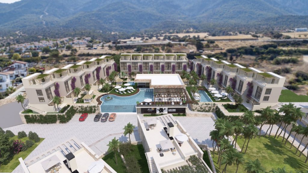Malibu Tatlisu render: aerial view of the complex with pool and clubhouse