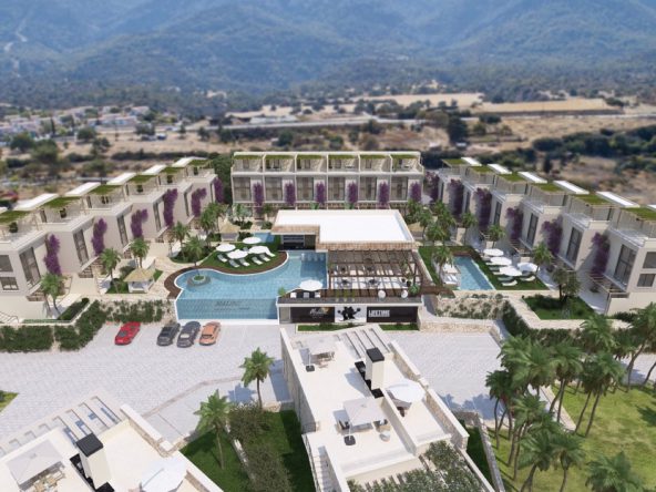Render: aerial view of the complex with pool, clubhouse and car park