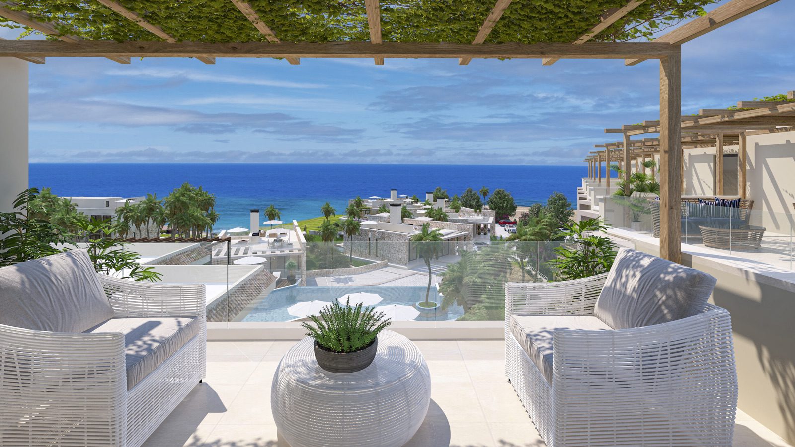 Render: furnished roof terrace with a sea view