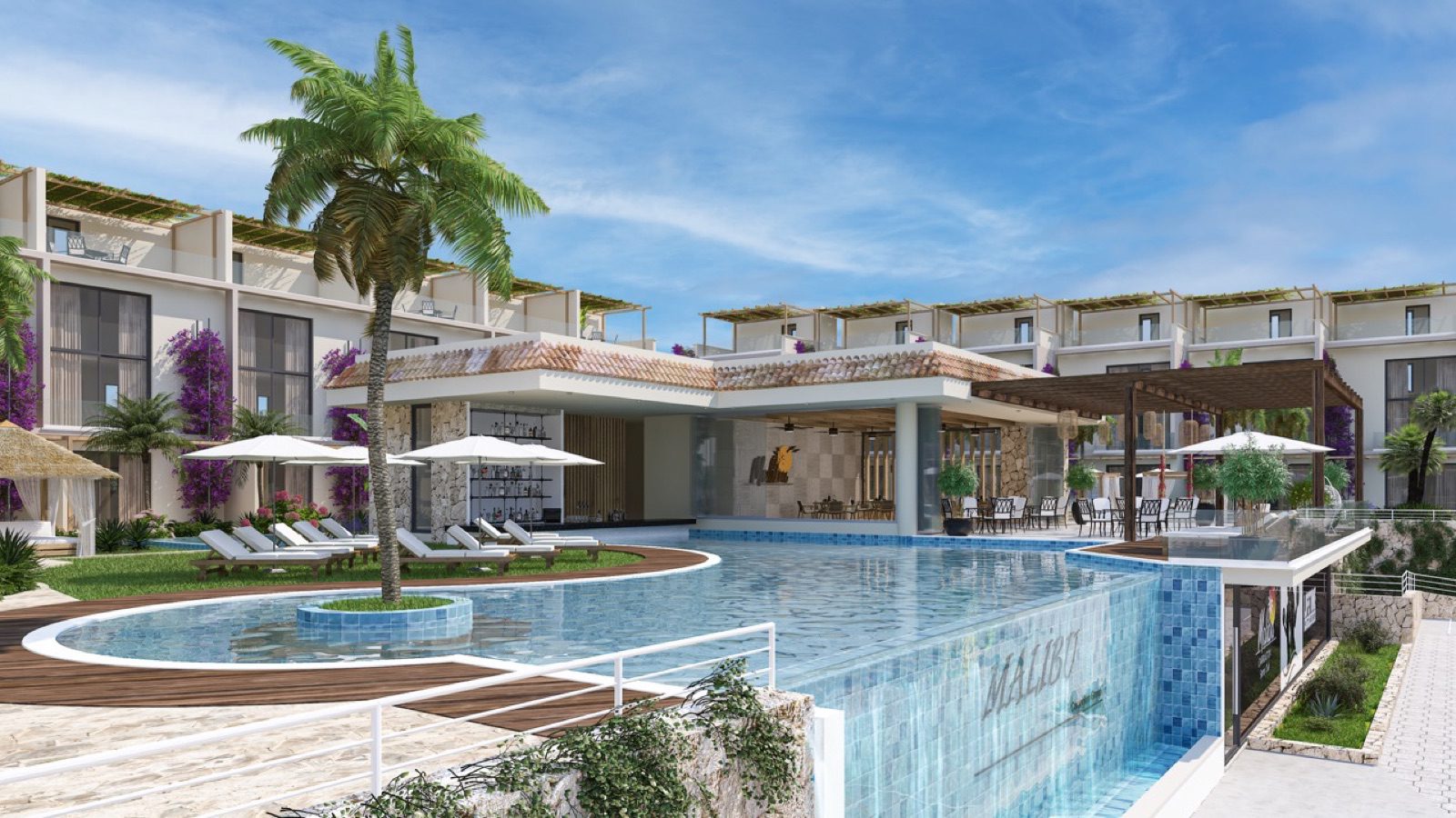Render: swimming pool with a clubhouse and terraced apartments behind