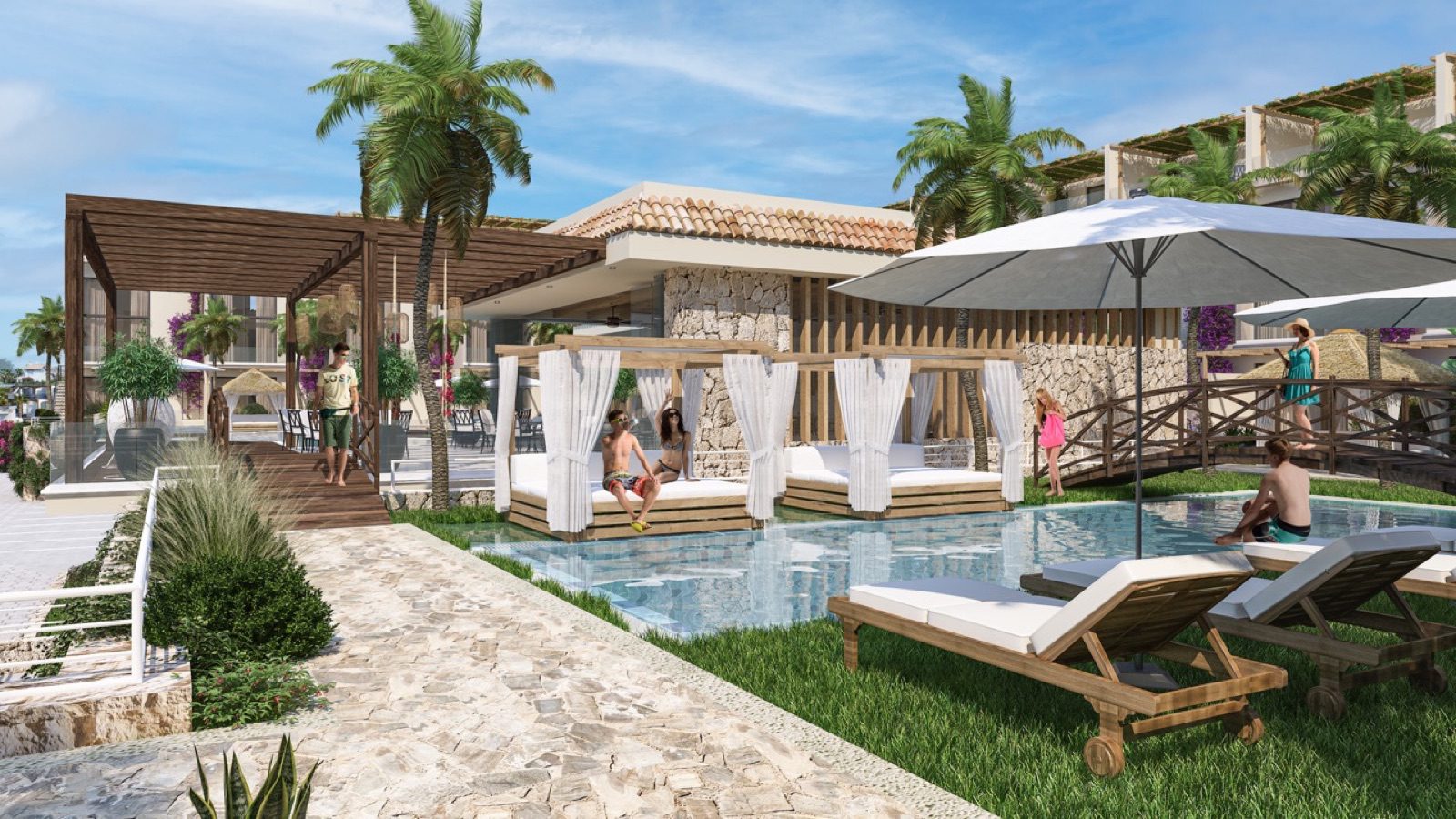 Render: pool terrace with sunbeds, canopy beds and a pergola
