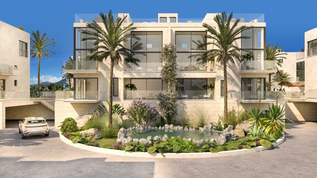 Malibu Zone 5 Tatlisu rendering of a low-rise apartment block with palm trees