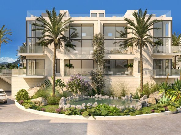 Rendering of a low-rise apartment block with palm trees and a round pond