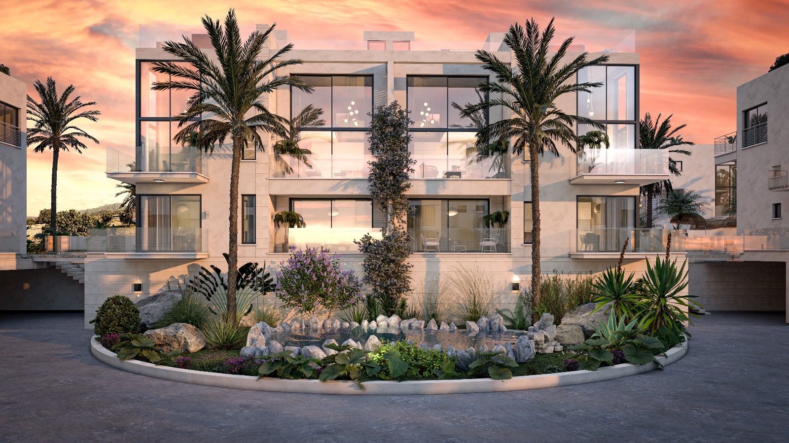 Rendering of the apartment block at dusk with a stone-edged pond in front