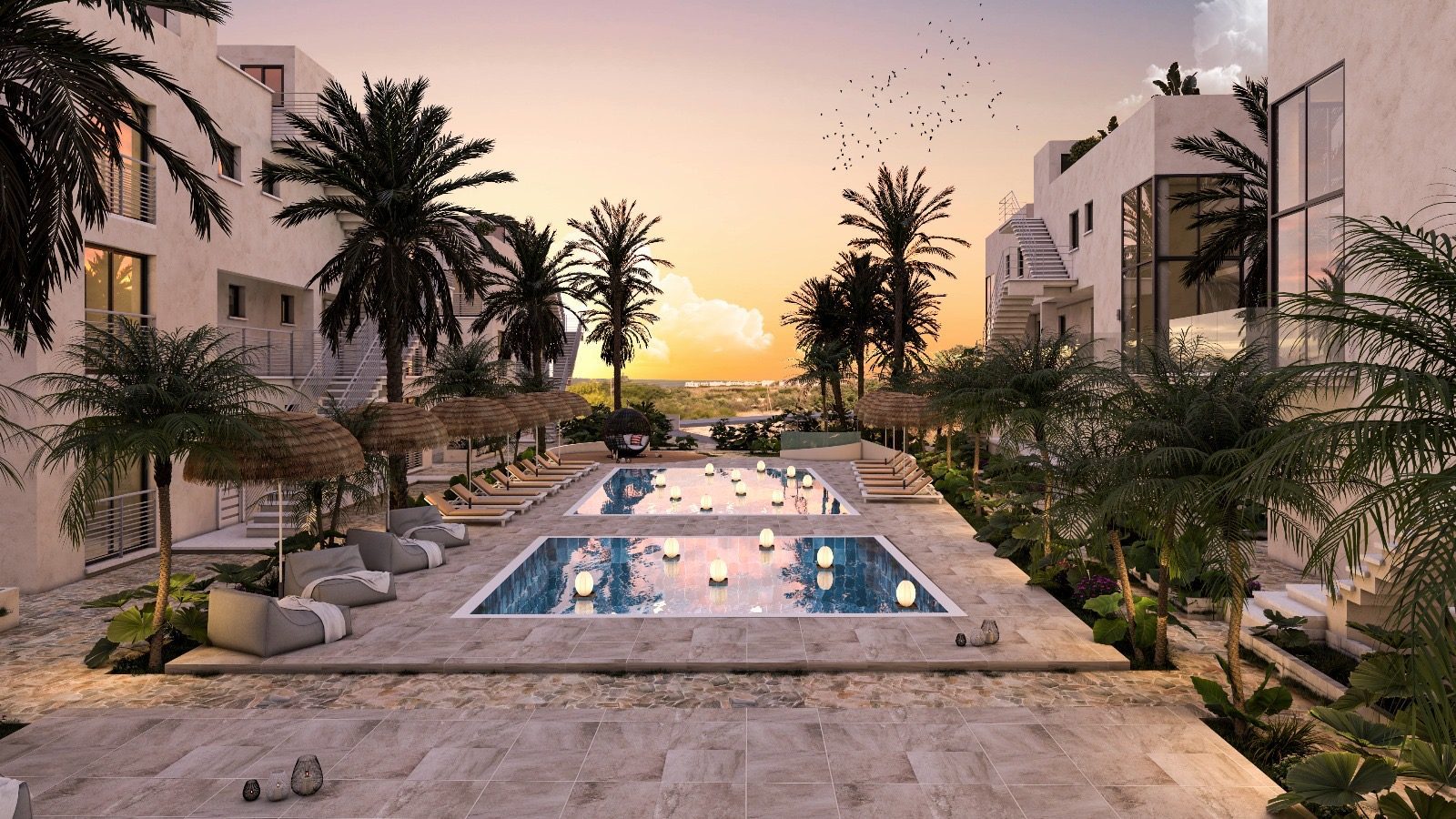 Rendering of a communal pool lined with palm trees and loungers at sunset
