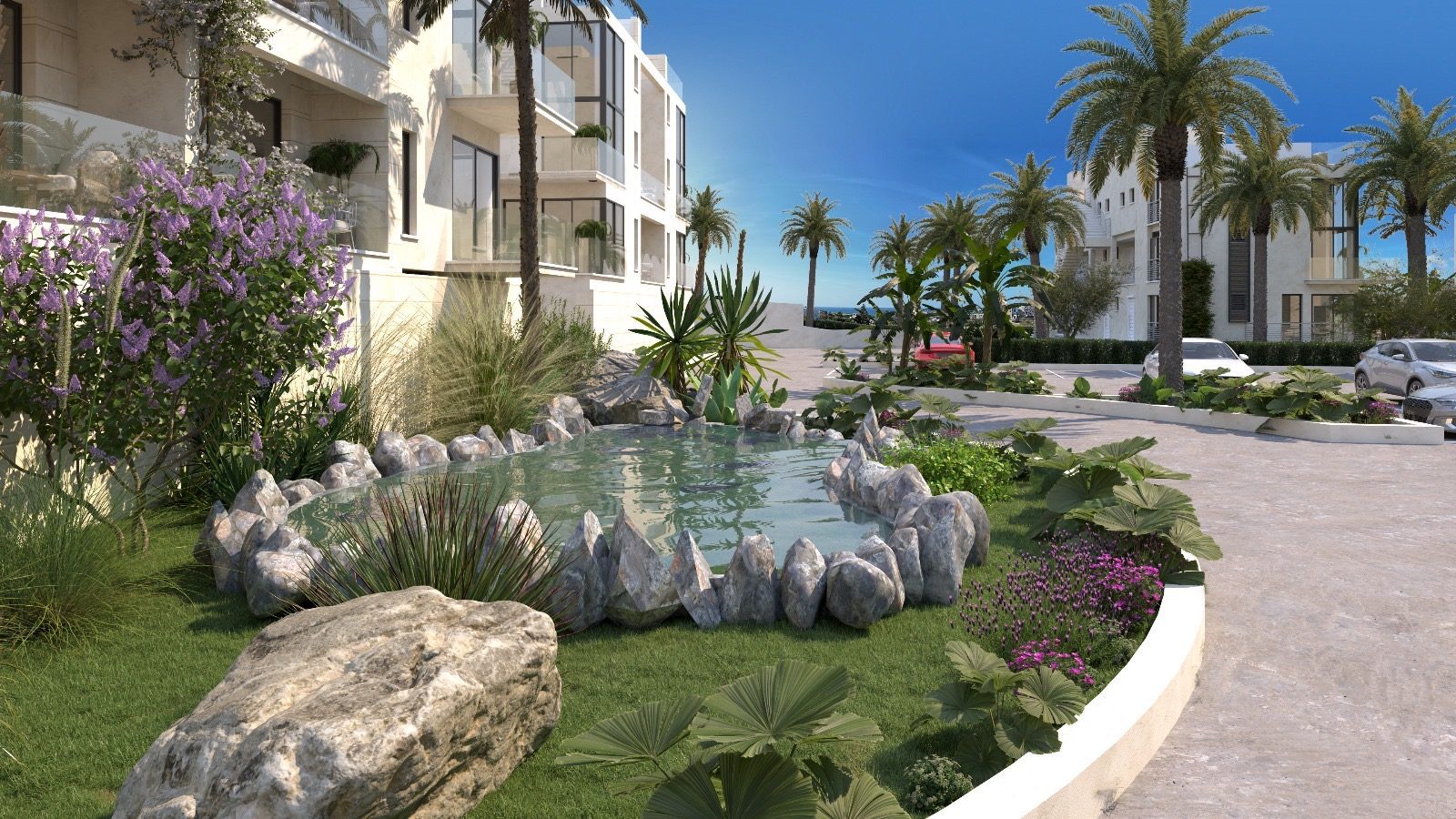 Rendering of a landscaped garden with a rock-edged pond beside apartment blocks