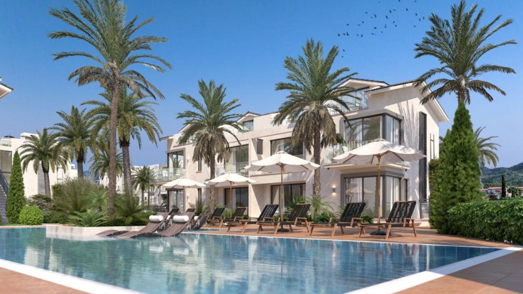 Malibu Zone 6 Tatlisu apartment blocks beside the pool, developer render