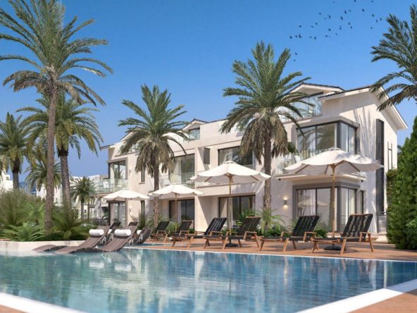 Render: apartment block behind a swimming pool with sunbeds and palms