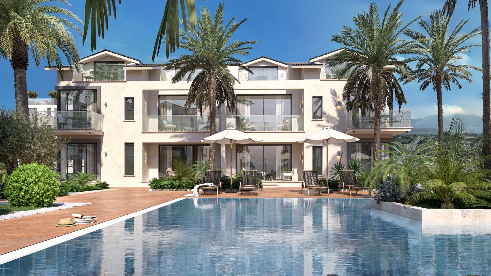 Render: two-storey apartment block and pool seen from the pool deck