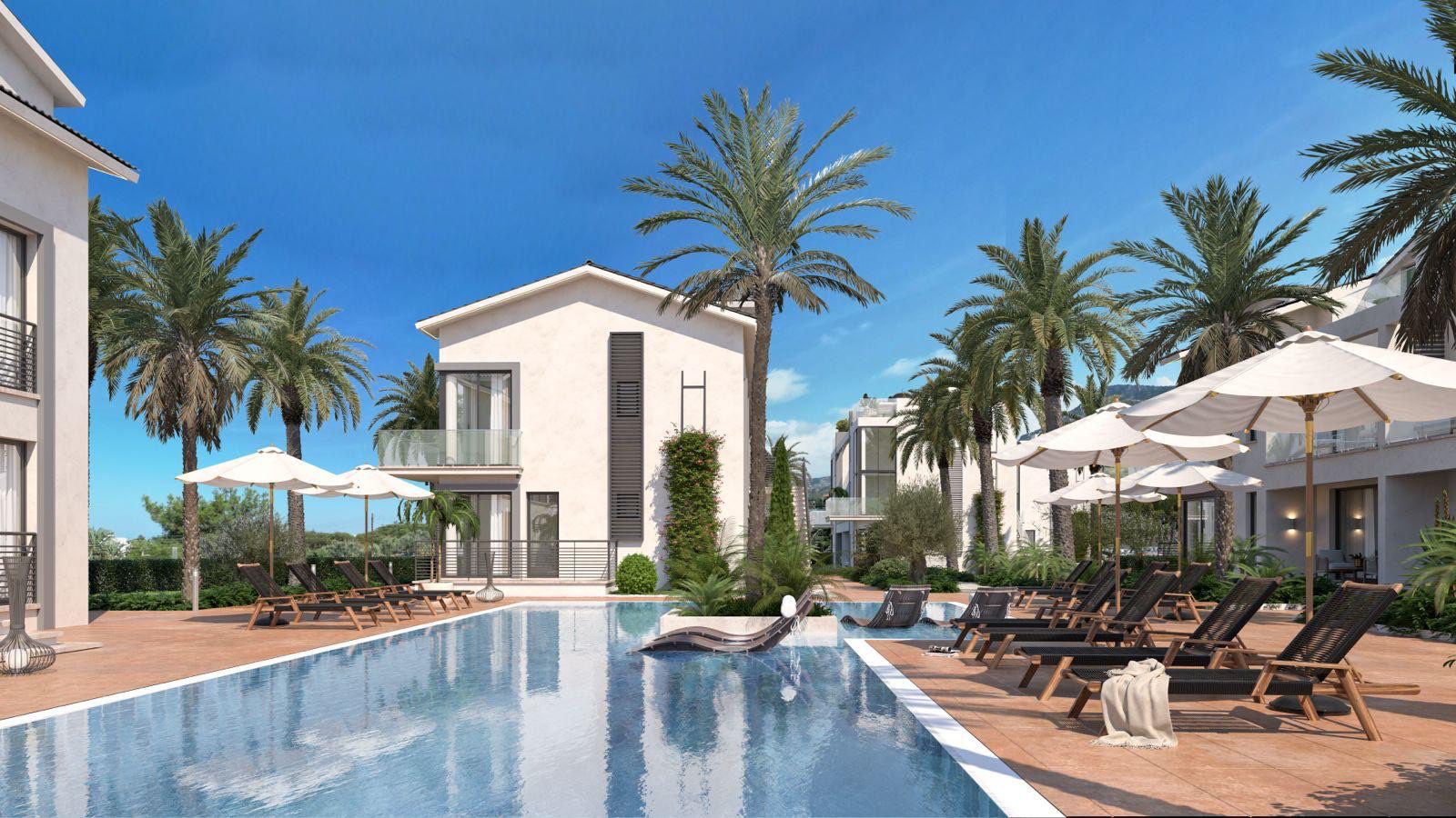 Render: pool with sunbeds and parasols beside the apartment blocks