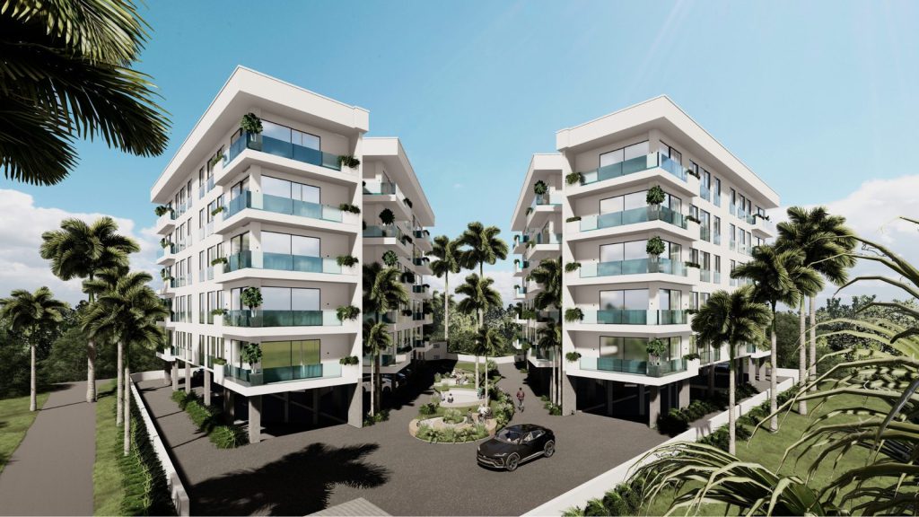 Park Avenue Kyrenia rendering of two five-storey blocks among palm trees
