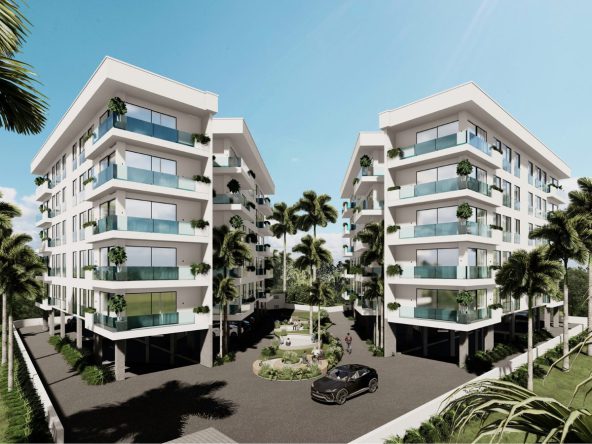 Rendering of two five-storey blocks among palm trees with a car park below