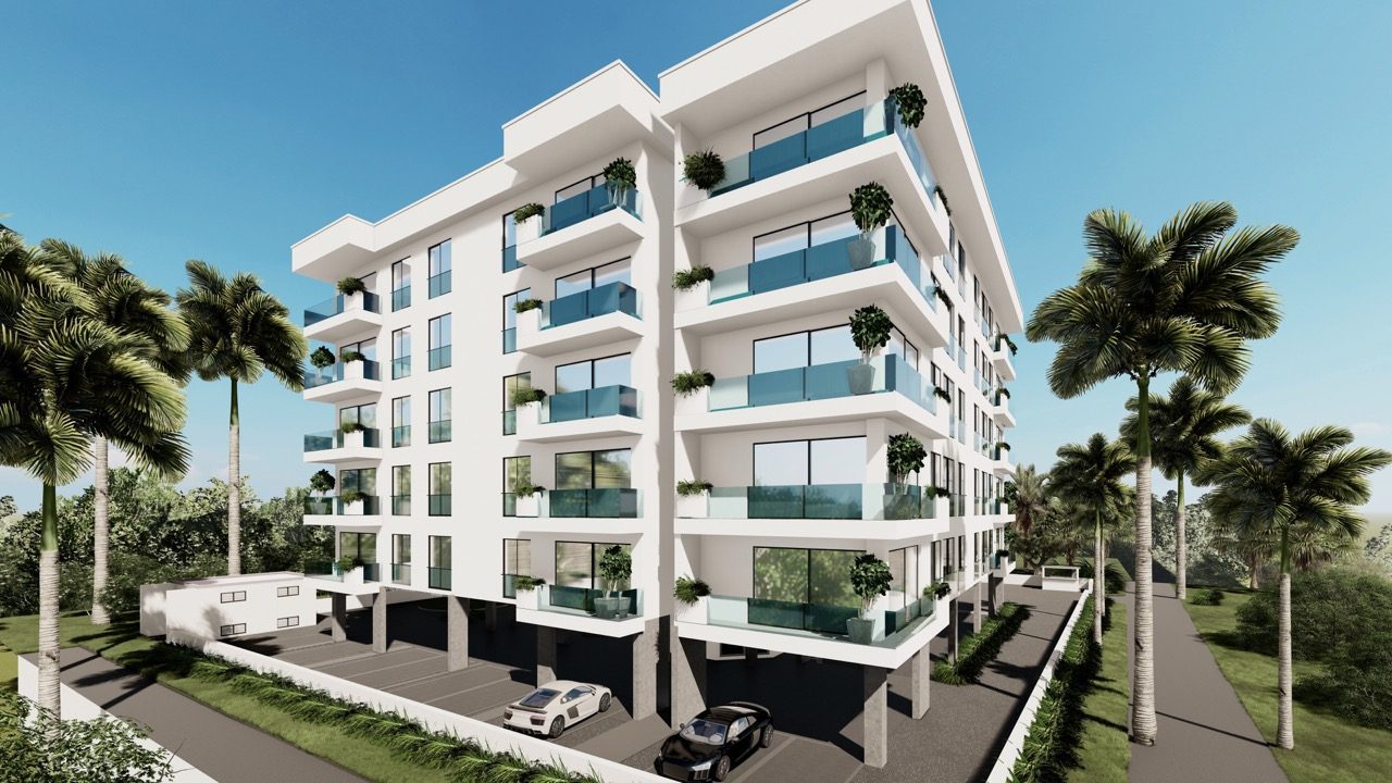 Rendering of a five-storey apartment block with glazed balconies and palm trees