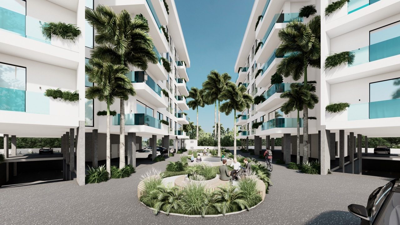 Rendering of the courtyard with a round planter between two apartment blocks