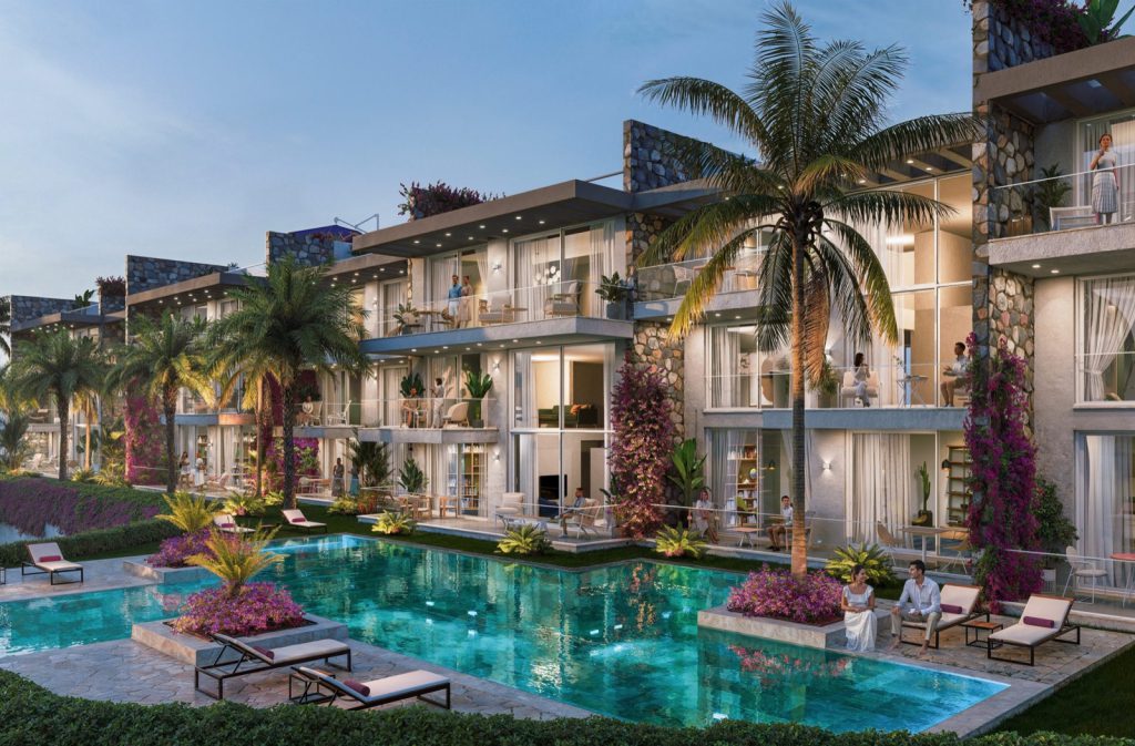 Pine Hills Residence Esentepe render: terraced apartments above a pool