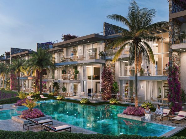 Render: terraced apartments with balconies above a pool in evening light