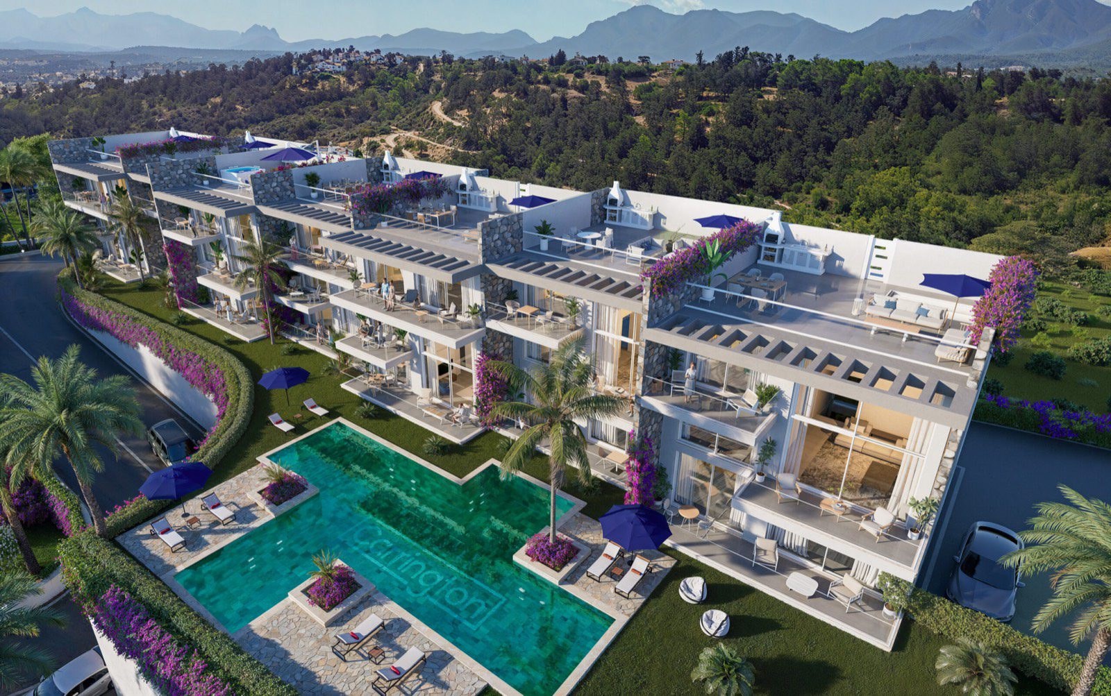 Render: aerial view of a stepped apartment block with a pool on a wooded hillside