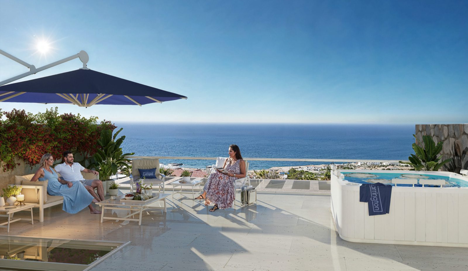 Render: roof terrace with seating and a hot tub facing the sea