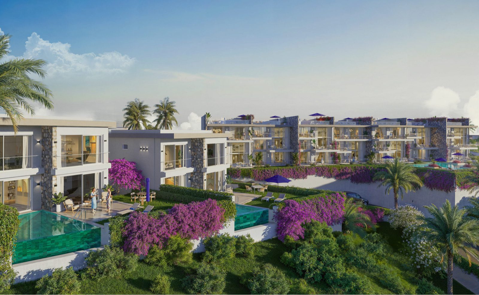 Render: apartment terraces beside a glass-sided plunge pool