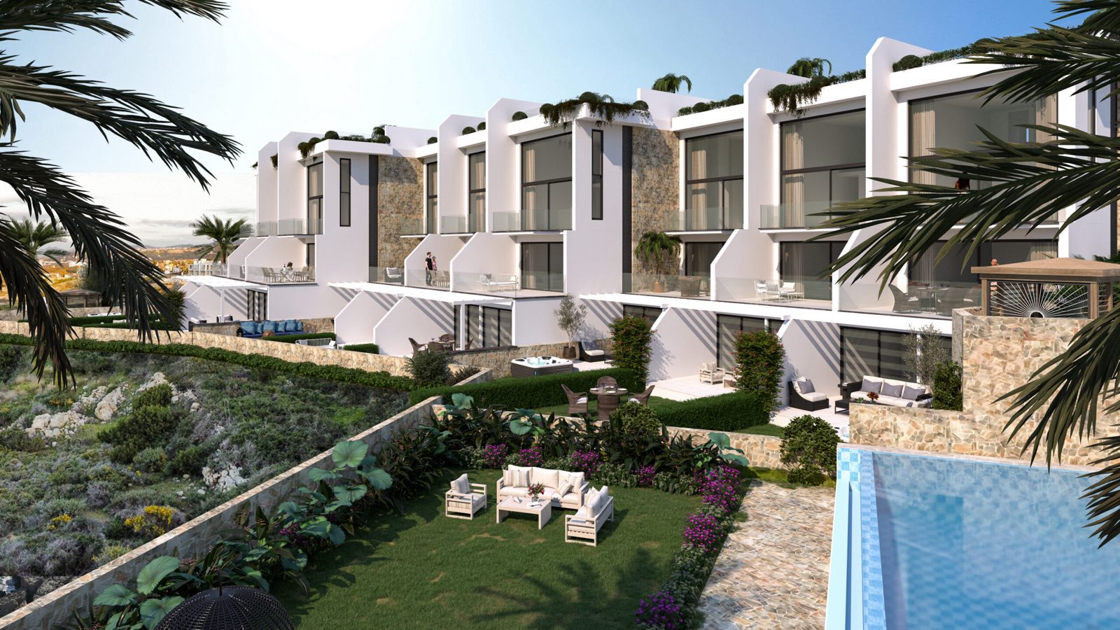 Render: white terraced houses with a lawn and an infinity pool