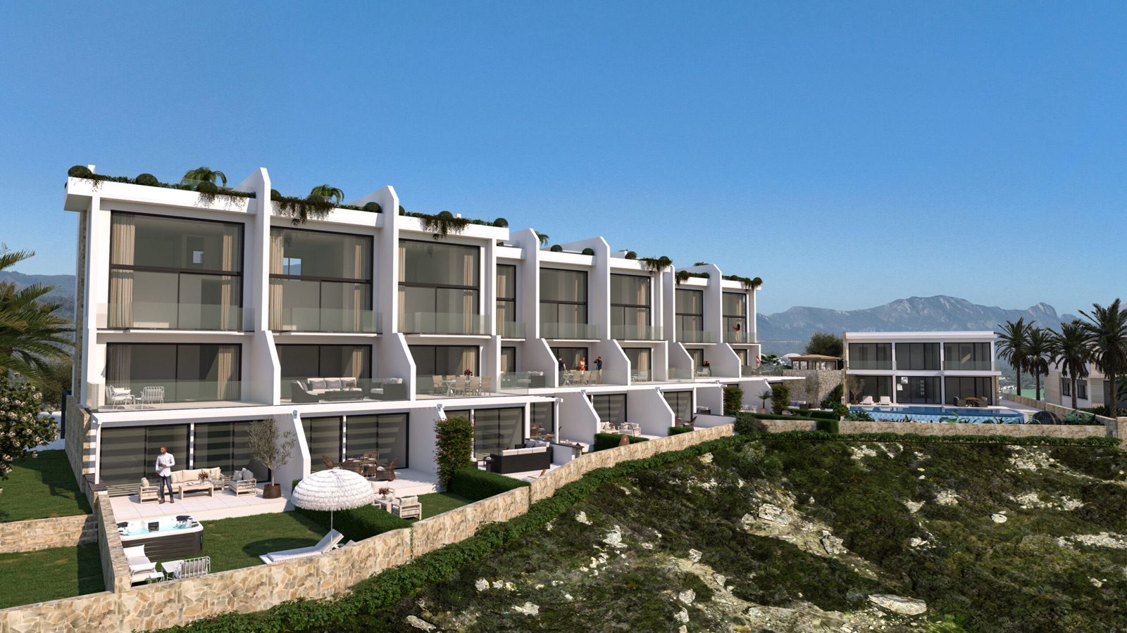 Render: row of white terraced houses with garden terraces on a slope