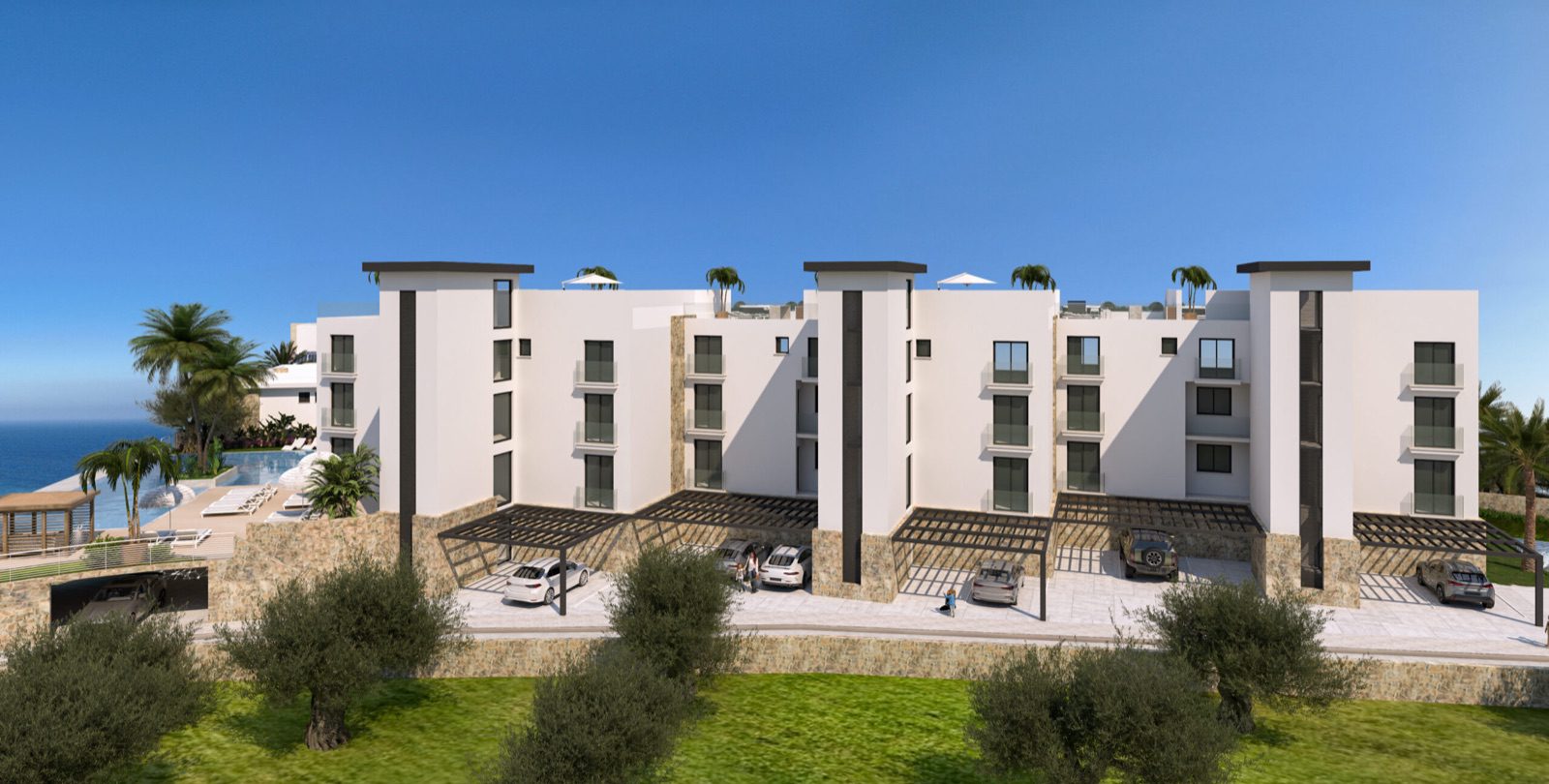 Render: front elevation of a white apartment block with parking pergolas