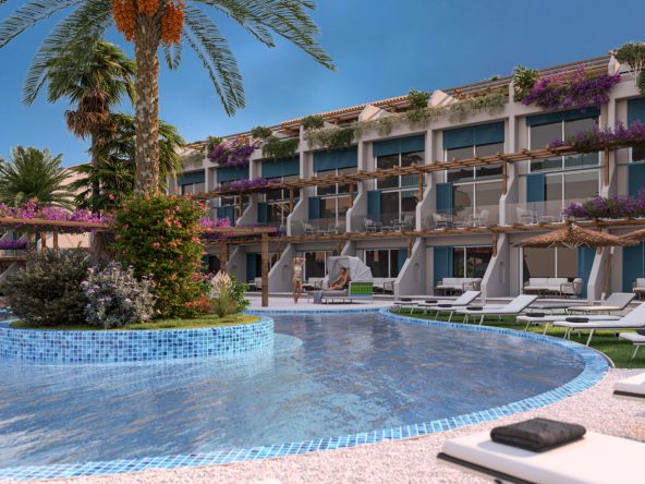 Render: terraced apartment blocks above a curved pool with a palm island