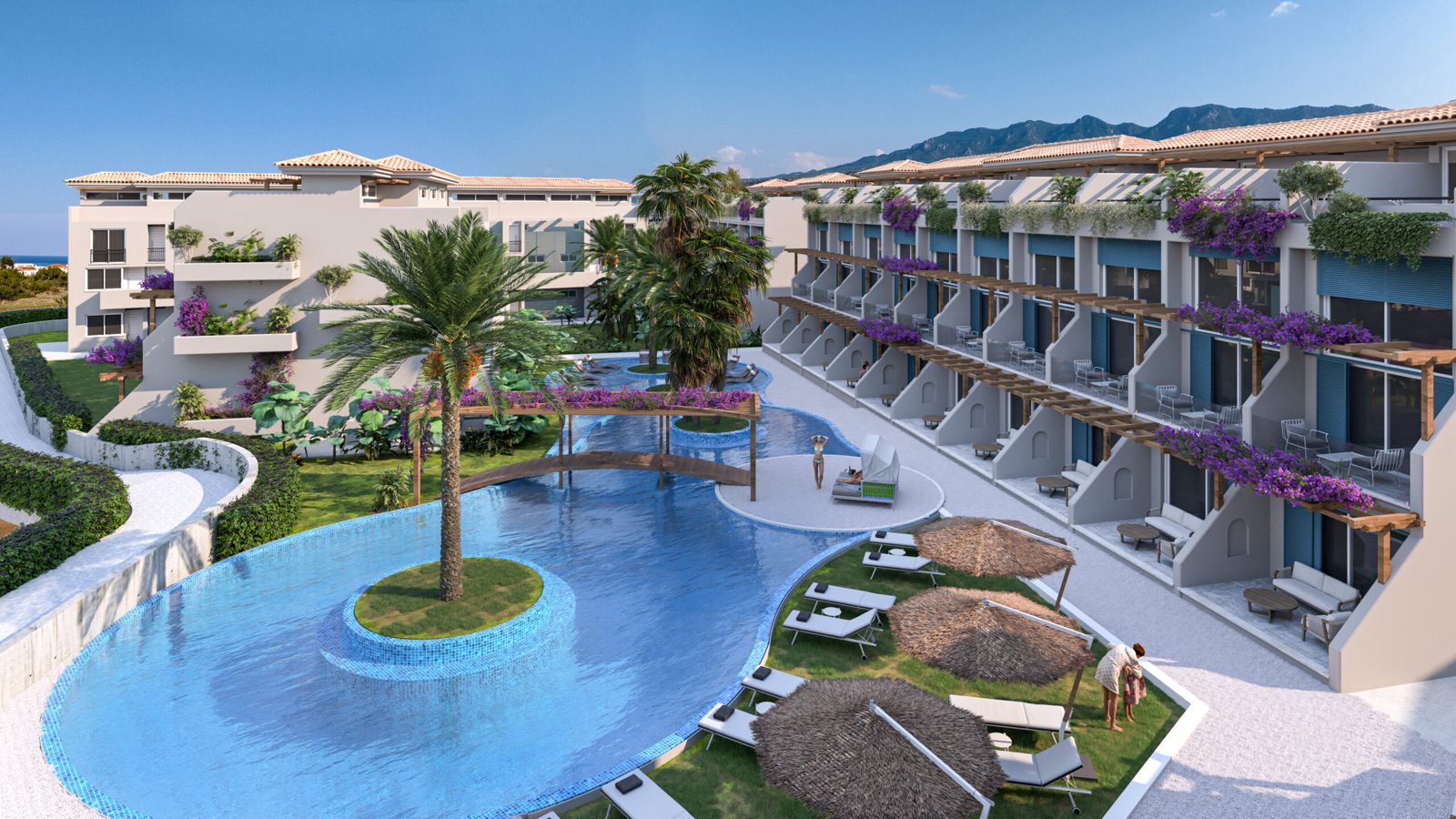 Render: aerial view of the pool, palm island and terraced apartment blocks