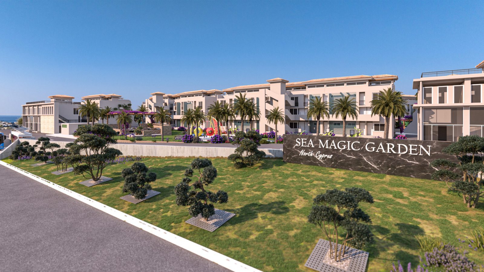 Render: entrance lawn and Sea Magic Garden sign in front of the blocks