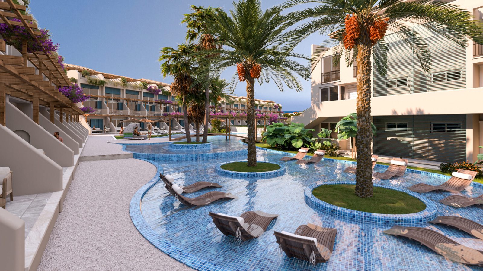 Render: pool with a palm island and sun loungers