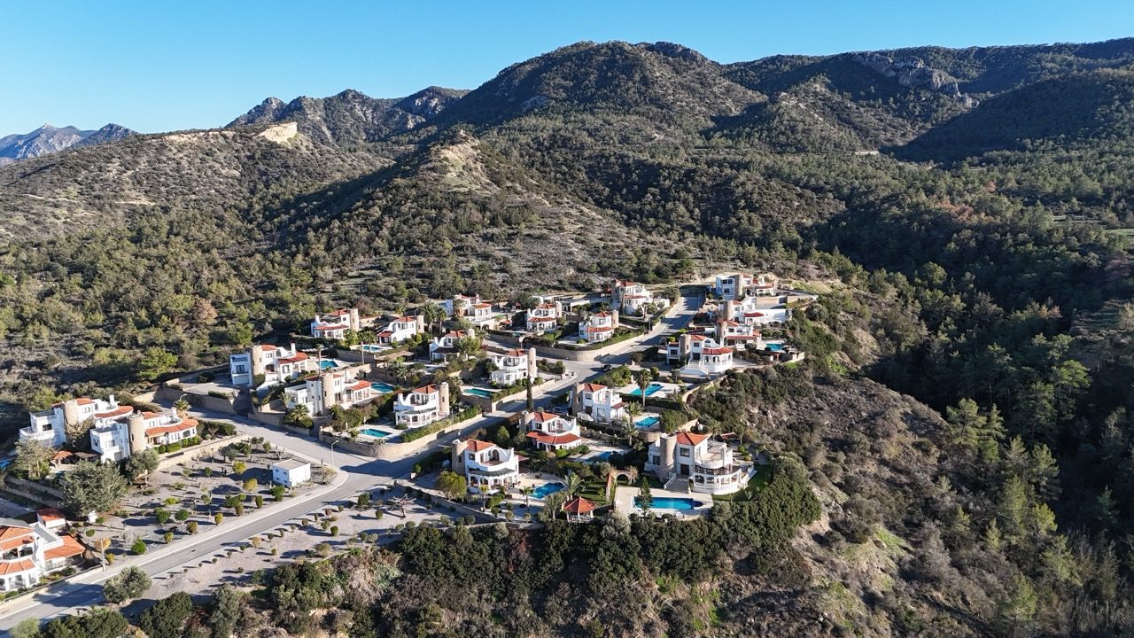 Aerial view of villas scattered across a wooded hillside