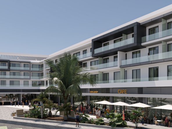 D-Point rendering of apartment blocks with a ground-floor cafe terrace