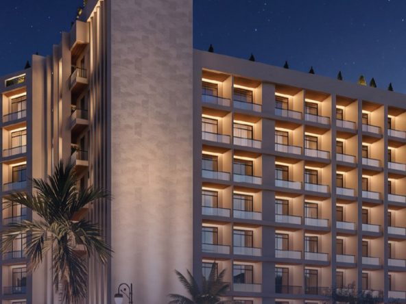 Dar Muscat Hills building render at night (artist impression, developer brochure)