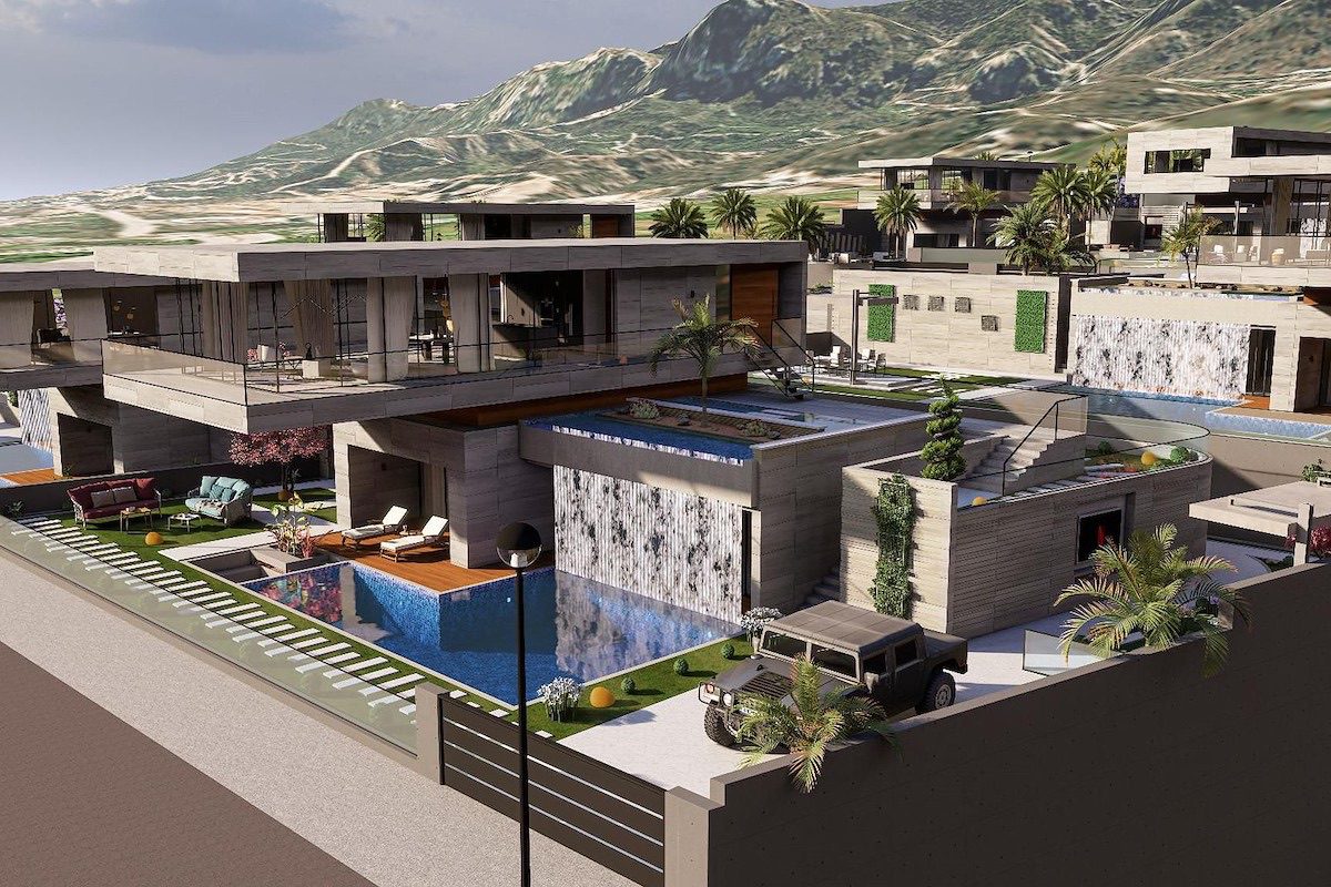 Render of Edremit Villas with pools and mountain backdrop
