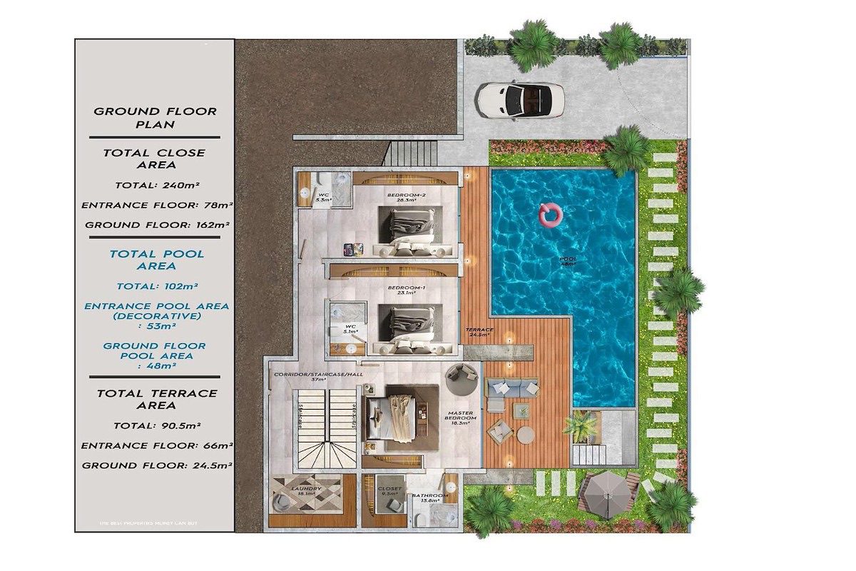 Edremit Villas ground floor plan with pool and terraces