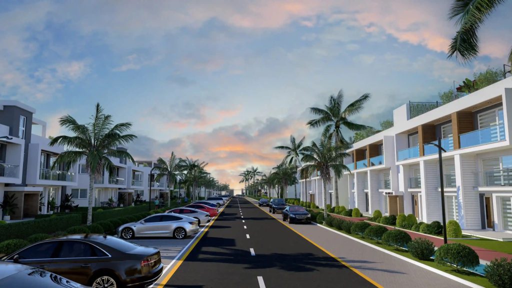 Four Seasons Life III rendering of a street lined with villas at dusk