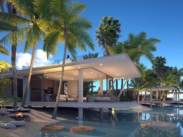 Render of a Hawaii Homes pavilion over the lagoon pool at sunset