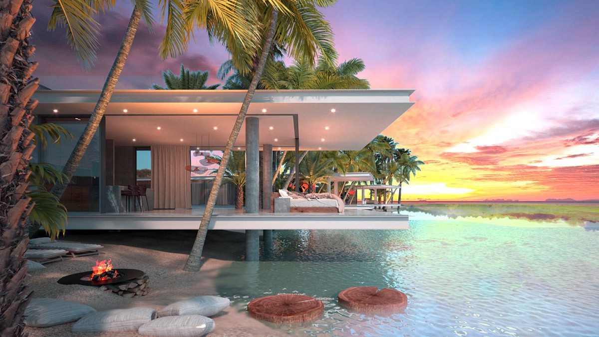 Hawaii Homes waterside pavilion with fire pit and stepping stones at dusk